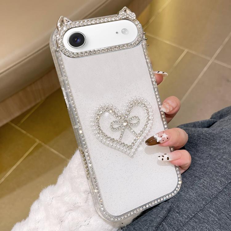 For iPhone Air Electroplated Cat Ear Dual Side Rhinestones Glitter IMD Phone Case(White)