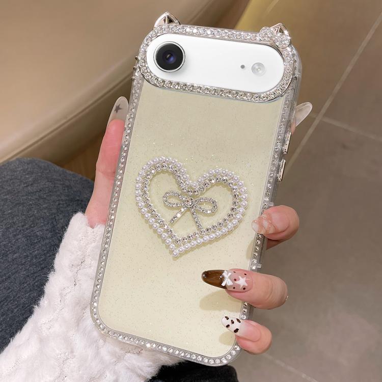 For iPhone Air Electroplated Cat Ear Dual Side Rhinestones Glitter IMD Phone Case(Yellow)