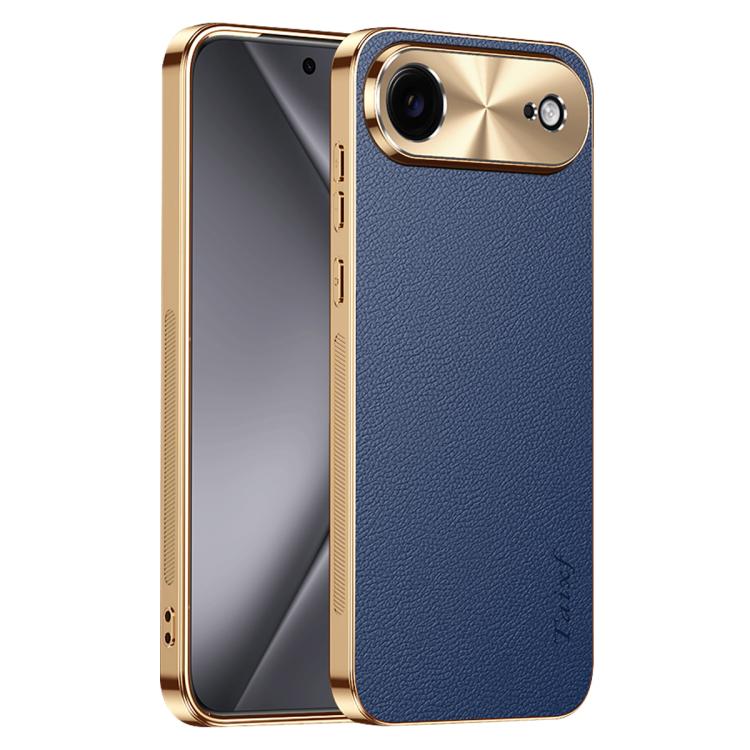 For iPhone Air Electroplated Frame Litchi Texture PC + TPU Vegan Leather Phone Case(Blue)