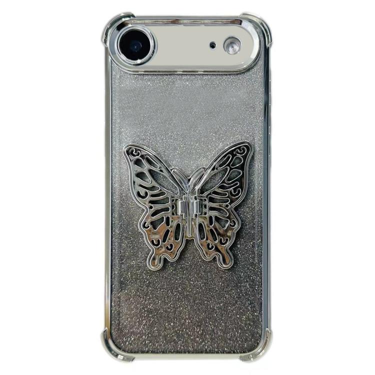 For iPhone Air Electroplated Glitter 3D Butterfly Four-corner Shockproof TPU Phone Case(Gradient Silver)