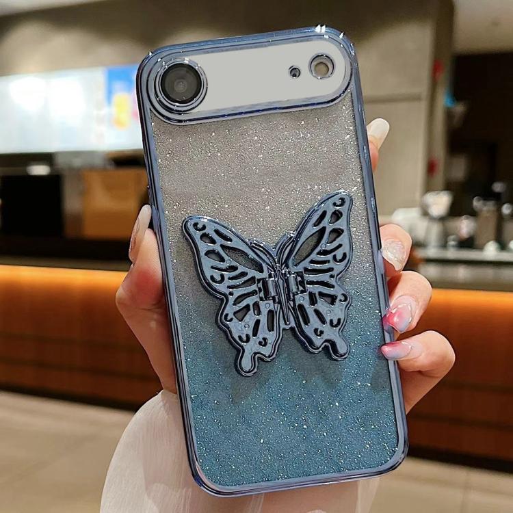 For iPhone Air Electroplated Gradient Glitter 3D Butterfly TPU Phone Case(Gradient Blue)