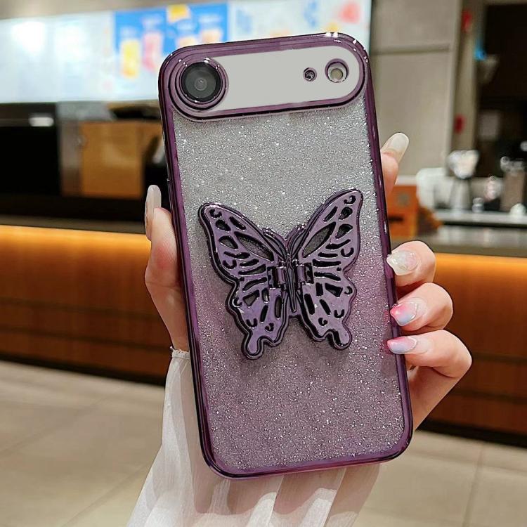 For iPhone Air Electroplated Gradient Glitter 3D Butterfly TPU Phone Case(Gradient Purple)