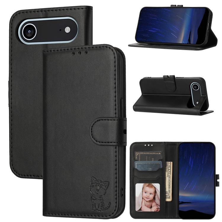 For iPhone Air Embossed Happy Cat Pattern Flip Leather Phone Case(Black)