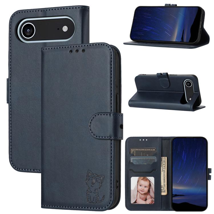 For iPhone Air Embossed Happy Cat Pattern Flip Leather Phone Case(Blue)