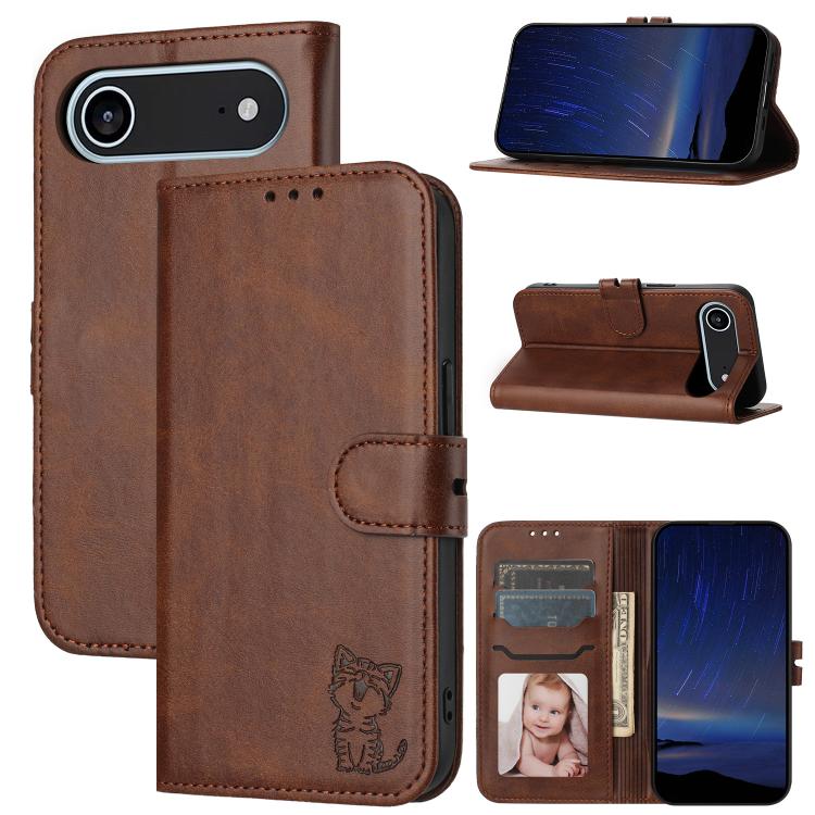 For iPhone Air Embossed Happy Cat Pattern Flip Leather Phone Case(Brown)