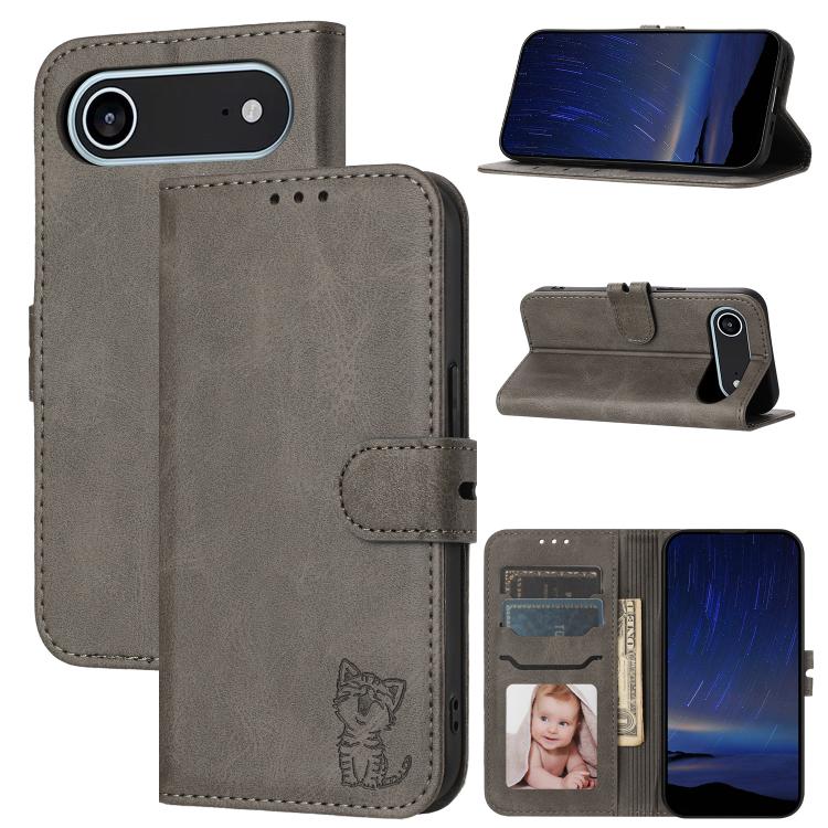 For iPhone Air Embossed Happy Cat Pattern Flip Leather Phone Case(Grey)