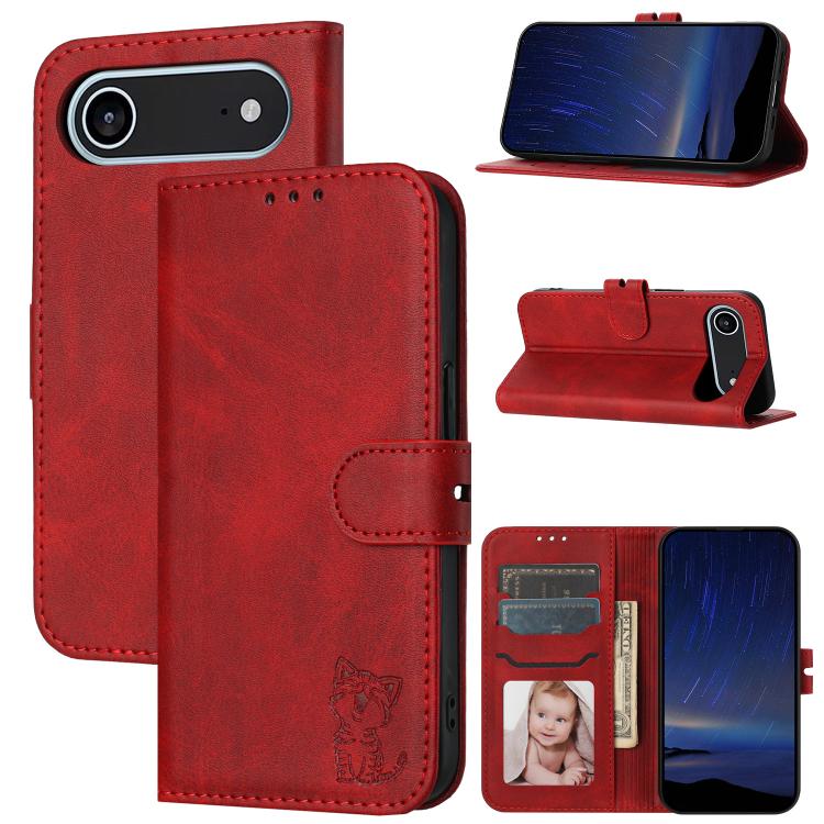 For iPhone Air Embossed Happy Cat Pattern Flip Leather Phone Case(Red)