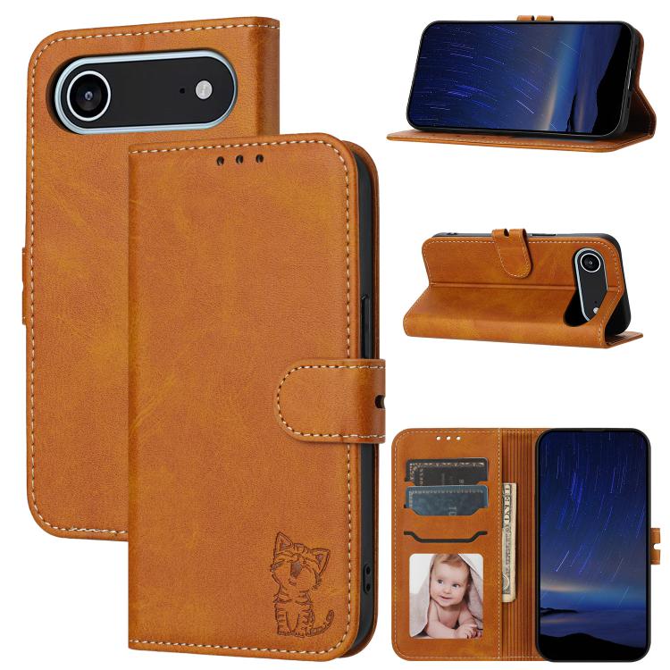 For iPhone Air Embossed Happy Cat Pattern Flip Leather Phone Case(Yellow)