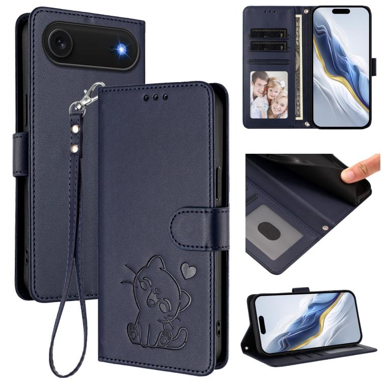 For iPhone Air Embossed Heart Cat Leather Phone Case with Hand Strap(Blue)