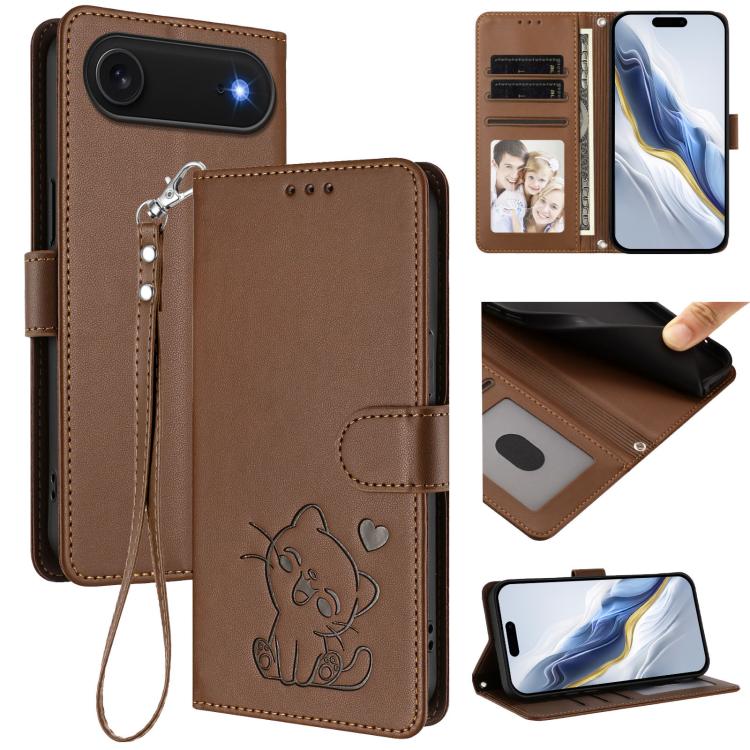 For iPhone Air Embossed Heart Cat Leather Phone Case with Hand Strap(Brown)
