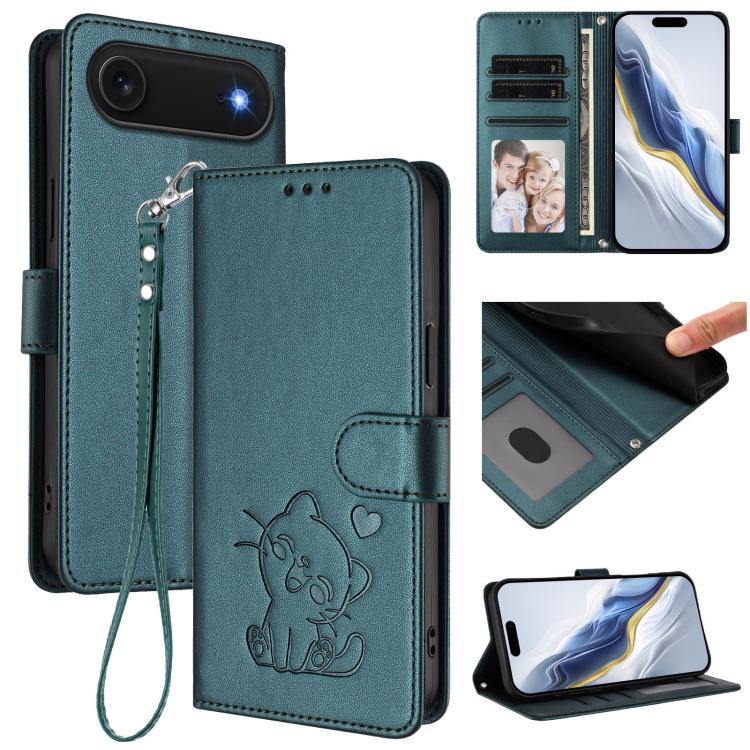 For iPhone Air Embossed Heart Cat Leather Phone Case with Hand Strap(Dark Green)