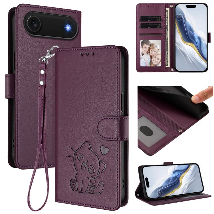 For iPhone Air Embossed Heart Cat Leather Phone Case with Hand Strap(Dark Purple)