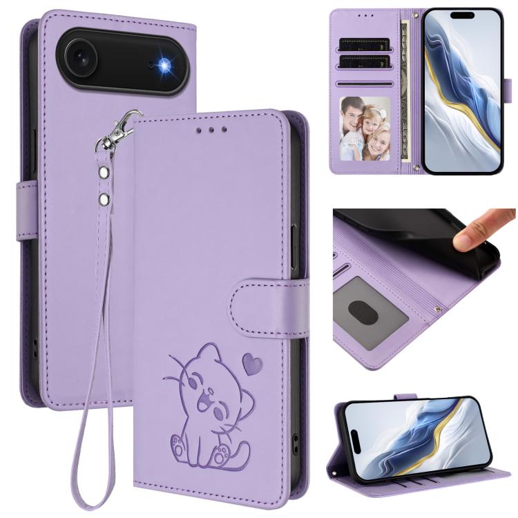 For iPhone Air Embossed Heart Cat Leather Phone Case with Hand Strap(Light Purple)