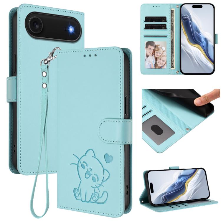 For iPhone Air Embossed Heart Cat Leather Phone Case with Hand Strap(Mint Green)