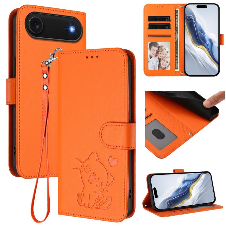 For iPhone Air Embossed Heart Cat Leather Phone Case with Hand Strap(Orange)