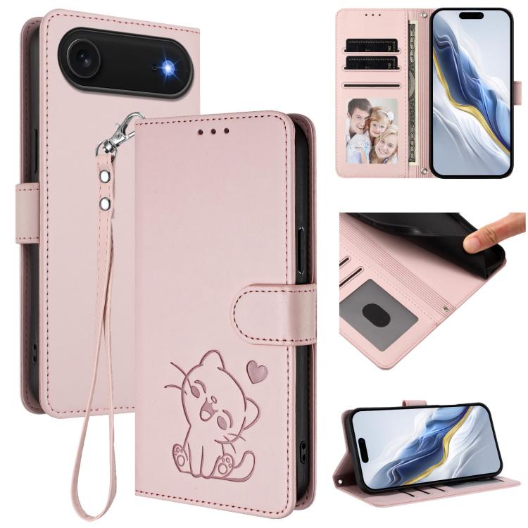 For iPhone Air Embossed Heart Cat Leather Phone Case with Hand Strap(Pink)