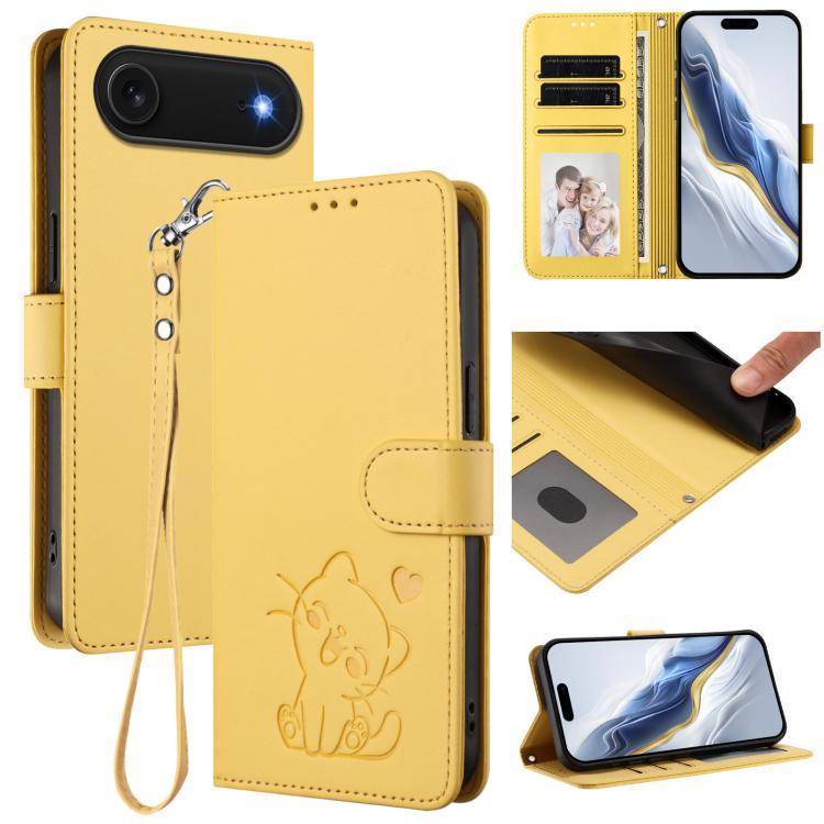 For iPhone Air Embossed Heart Cat Leather Phone Case with Hand Strap(Yellow)