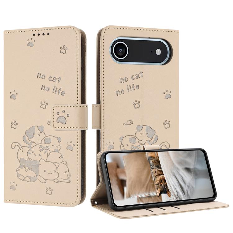 For iPhone Air Embossed Kitten Phone Leather Case with Lanyard(Beige)