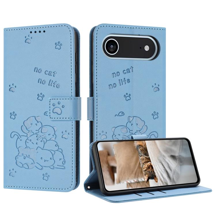 For iPhone Air Embossed Kitten Phone Leather Case with Lanyard(Blue)