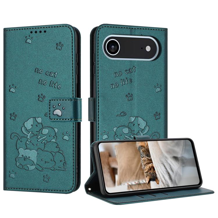 For iPhone Air Embossed Kitten Phone Leather Case with Lanyard(Dark Green)