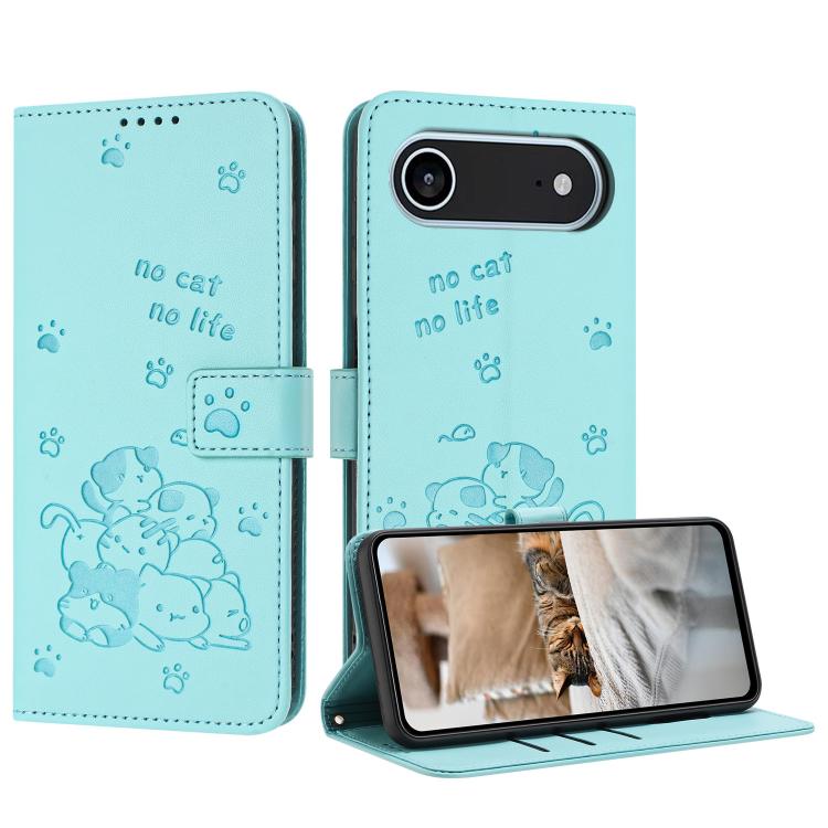 For iPhone Air Embossed Kitten Phone Leather Case with Lanyard(Mint Green)