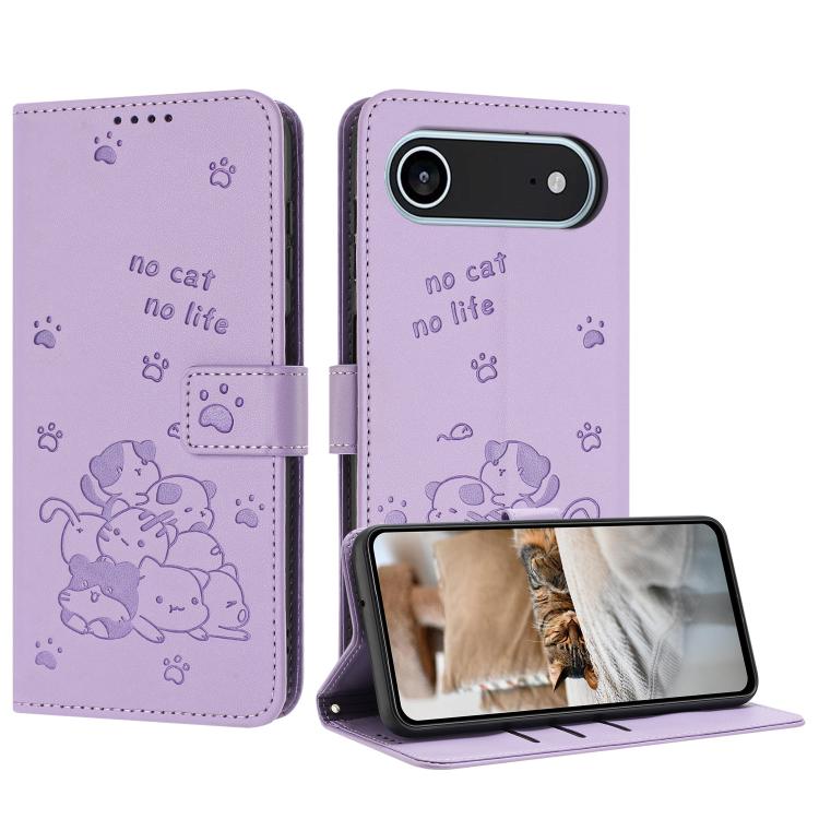 For iPhone Air Embossed Kitten Phone Leather Case with Lanyard(Purple)