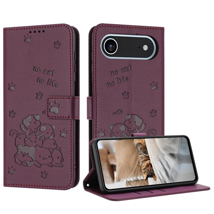 For iPhone Air Embossed Kitten Phone Leather Case with Lanyard(Wine Red)
