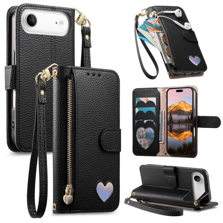 For iPhone Air Fantasy Love Heart Zipper Wallet Vegan Leather Phone Case with Strap(Black)