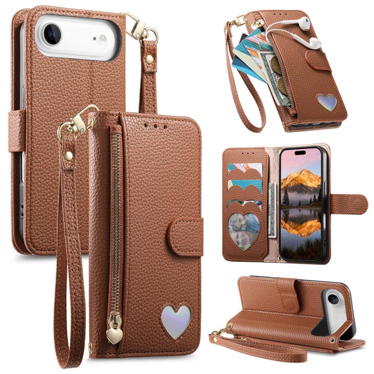 For iPhone Air Fantasy Love Heart Zipper Wallet Vegan Leather Phone Case with Strap(Brown)