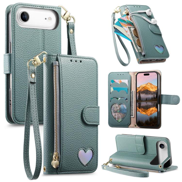 For iPhone Air Fantasy Love Heart Zipper Wallet Vegan Leather Phone Case with Strap(Green)