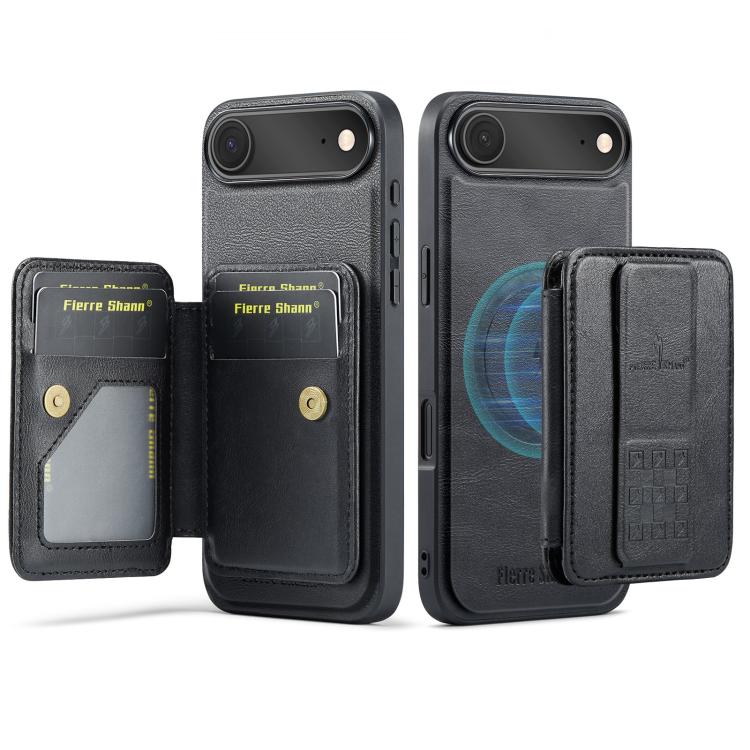 For iPhone Air Fierre Shann Oil Wax Cow Leather Card Holder Back Phone Case(Black)