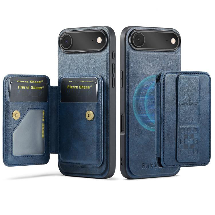 For iPhone Air Fierre Shann Oil Wax Cow Leather Card Holder Back Phone Case(Blue)