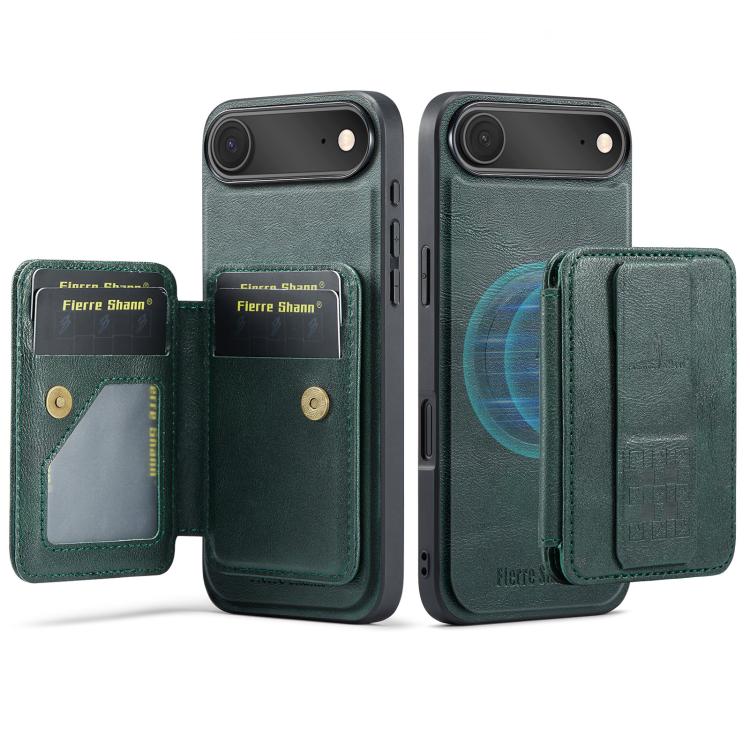 For iPhone Air Fierre Shann Oil Wax Cow Leather Card Holder Back Phone Case(Green)