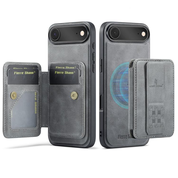 For iPhone Air Fierre Shann Oil Wax Cow Leather Card Holder Back Phone Case(Grey)