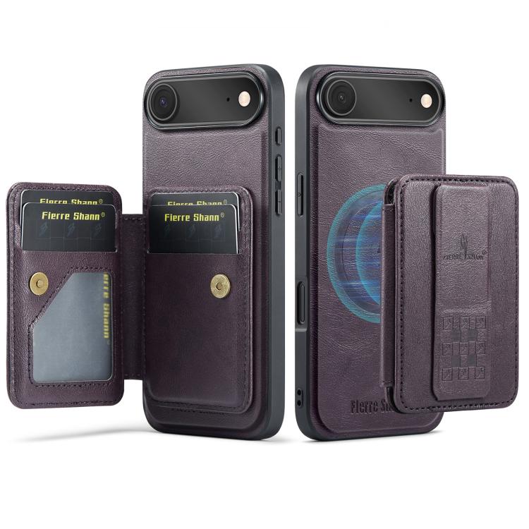 For iPhone Air Fierre Shann Oil Wax Cow Leather Card Holder Back Phone Case(Purple)