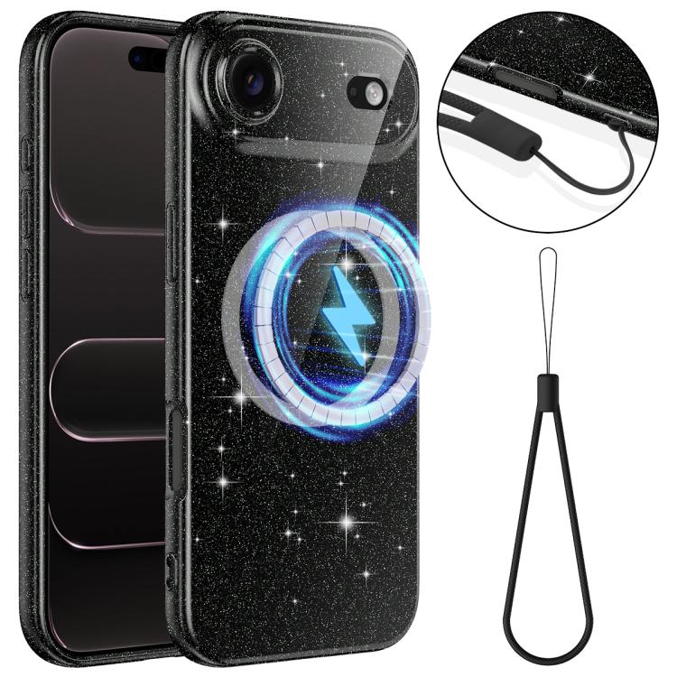 For iPhone Air Fine Hole Glossy Glitter Magnetic TPU Phone Case with Same Color Hand Strap(Black)
