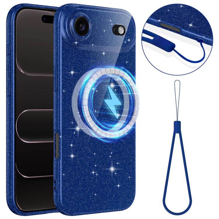 For iPhone Air Fine Hole Glossy Glitter Magnetic TPU Phone Case with Same Color Hand Strap(Blue)