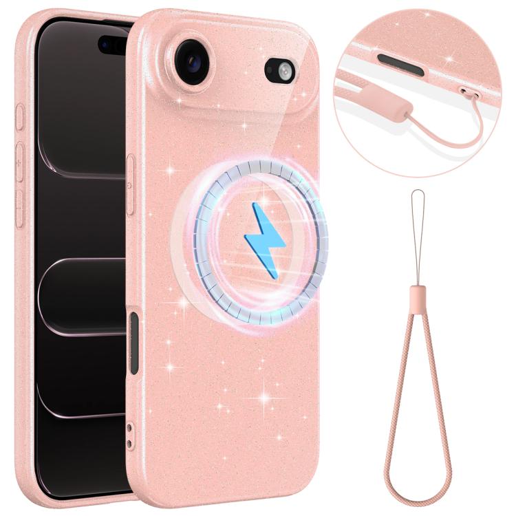 For iPhone Air Fine Hole Glossy Glitter Magnetic TPU Phone Case with Same Color Hand Strap(Pink)