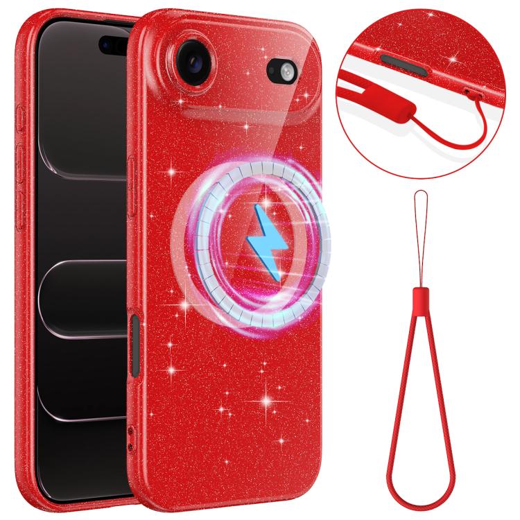 For iPhone Air Fine Hole Glossy Glitter Magnetic TPU Phone Case with Same Color Hand Strap(Red)