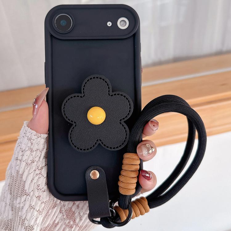 For iPhone Air Floral Holder TPU Phone Case with PU Buckle Lanyard(Black)