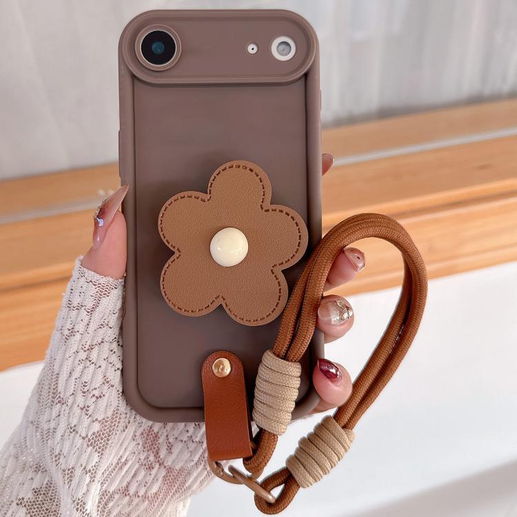 For iPhone Air Floral Holder TPU Phone Case with PU Buckle Lanyard(Coffee)