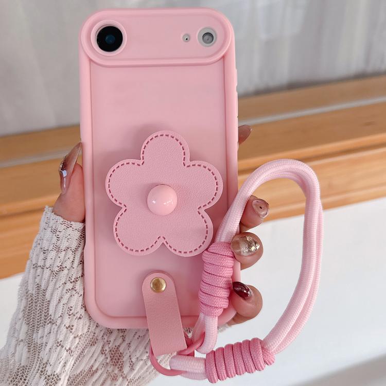 For iPhone Air Floral Holder TPU Phone Case with PU Buckle Lanyard(Pink)
