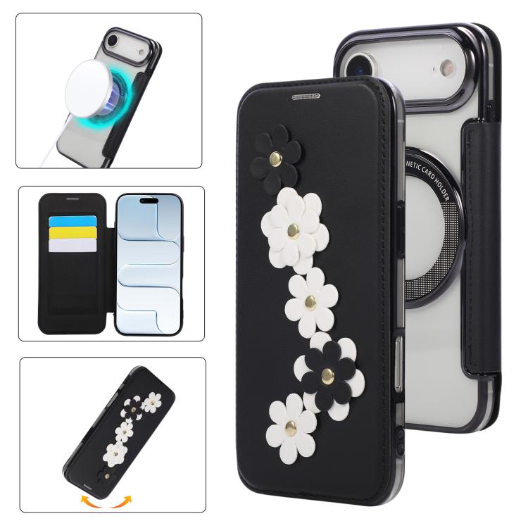 For iPhone Air Floral Magnetic Electroplated Card Holder Vegan Leather Phone Case(Black)