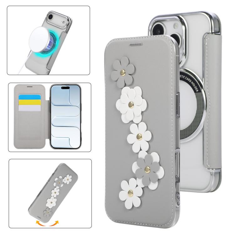 For iPhone Air Floral Magnetic Electroplated Card Holder Vegan Leather Phone Case(Grey White)
