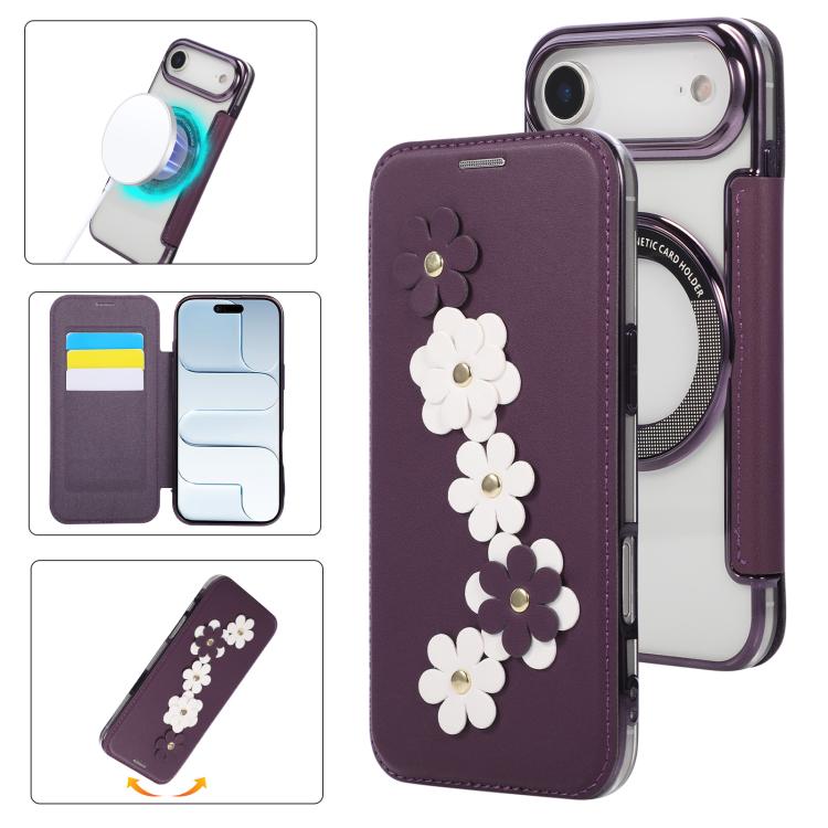 For iPhone Air Floral Magnetic Electroplated Card Holder Vegan Leather Phone Case(Purple)