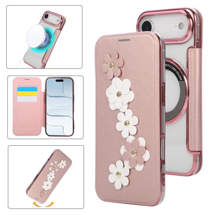 For iPhone Air Floral Magnetic Electroplated Card Holder Vegan Leather Phone Case(Rose Gold)