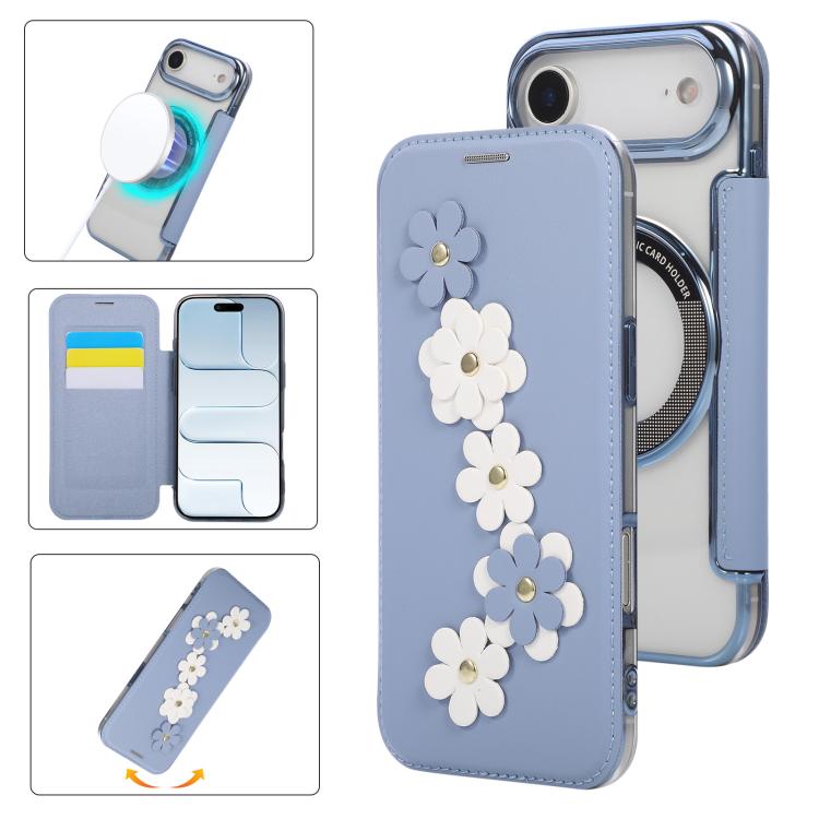 For iPhone Air Floral Magnetic Electroplated Card Holder Vegan Leather Phone Case(Sierra Blue)