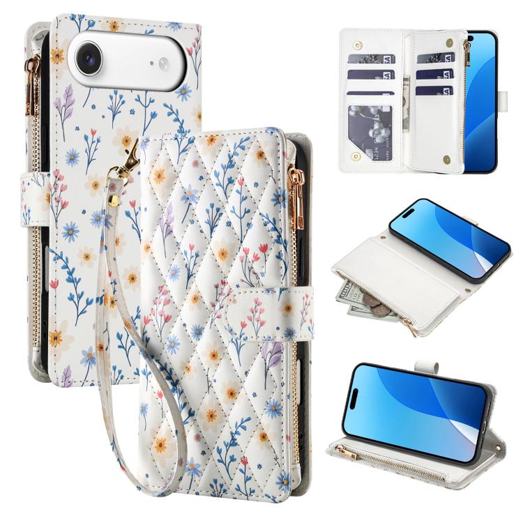 For iPhone Air Flower Pattern Zipper Wallet Vegan Leather Phone Case with Lanyard(Blue Flowers)
