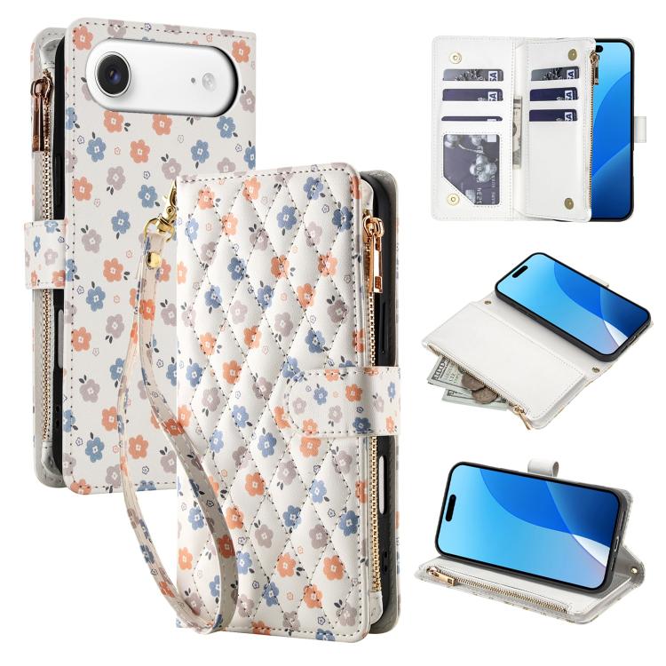 For iPhone Air Flower Pattern Zipper Wallet Vegan Leather Phone Case with Lanyard(Florals)