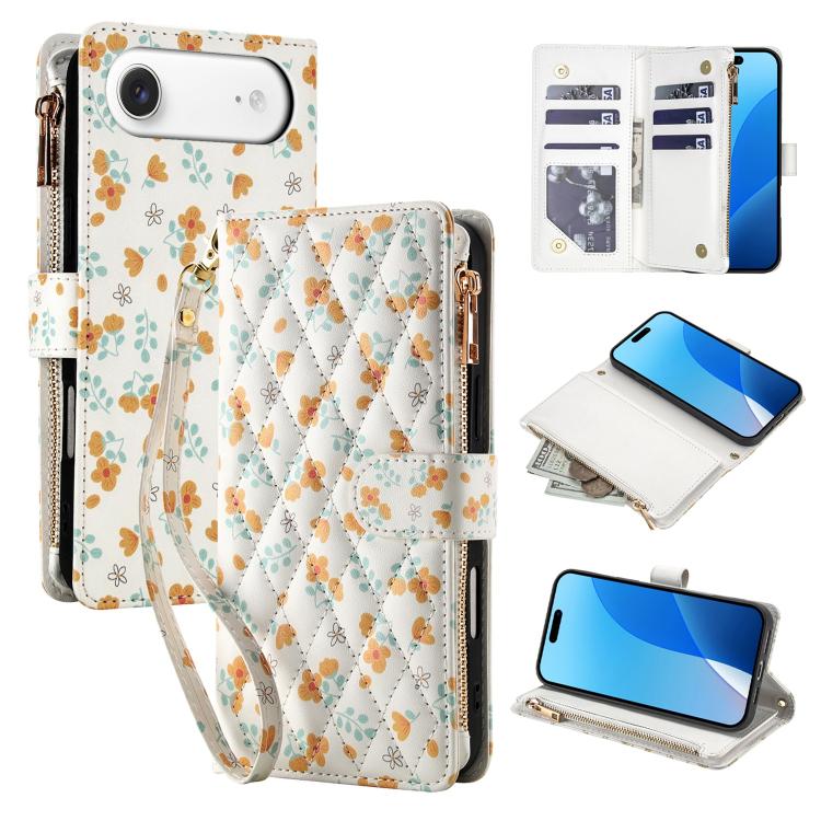 For iPhone Air Flower Pattern Zipper Wallet Vegan Leather Phone Case with Lanyard(Orange Flowers)